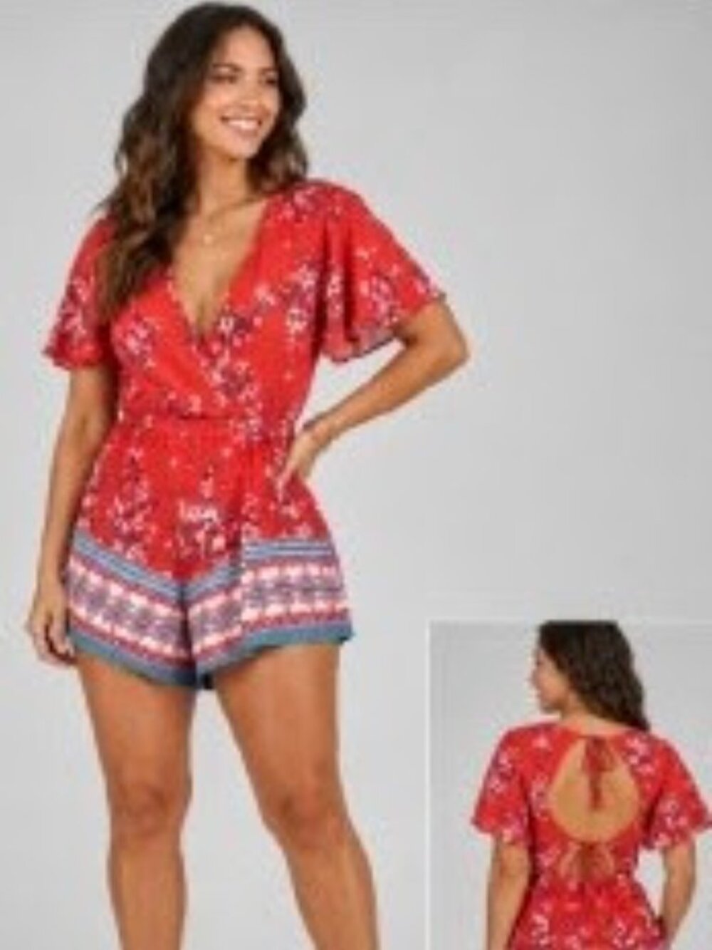Floral Wrap Romper in Red rear ties